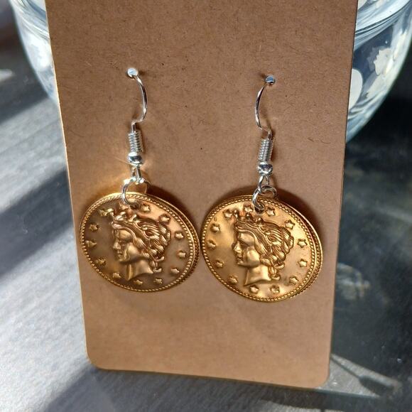 Lady Liberty Coin Earrings dangle hook stainless steel hypoallergenic handmade - Picture 1 of 9